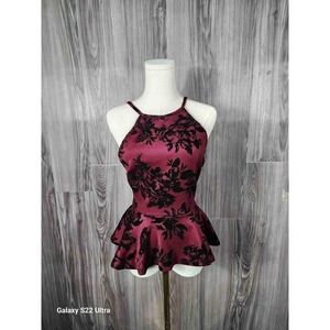 Windsor Burgundy Black Flocked Floral Peplum Top Lace Open Back Halter Small
